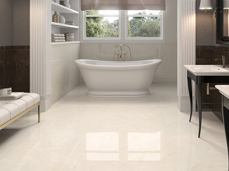 Master bathroom with polished floor and freestanding tub