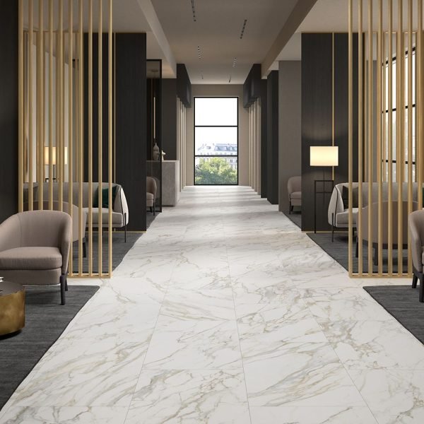 Room scene of an elegant room displaying marble look calacatta porcelain tile