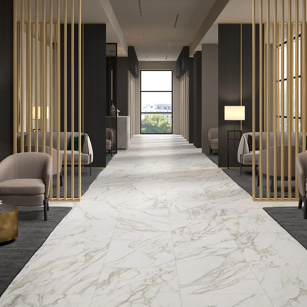 Room scene of an elegant room displaying marble look calacatta porcelain tile