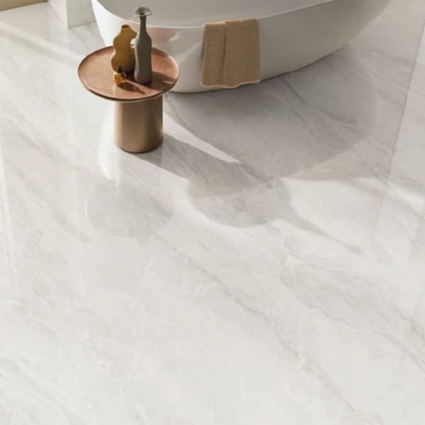 Glossy porcelain tiles with a white marble look